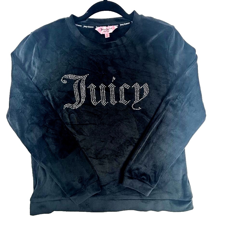 VTG Juicy Couture Velour‎ Sweater Sz S Velvet Black Rhinestone Logo Long Sleeve
